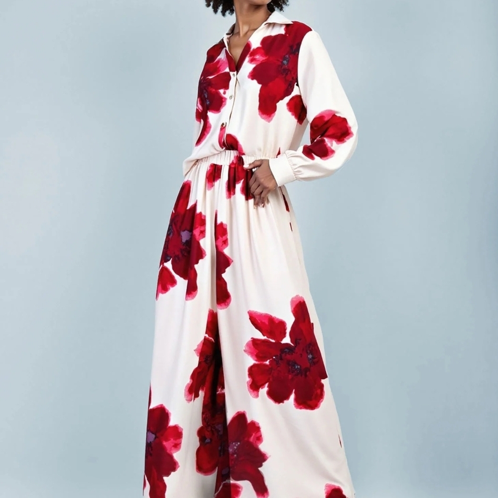 New York & Company Red Floral 2pc set top and wide leg pant